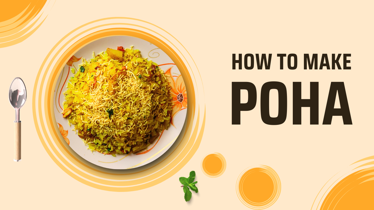 beige and orange modern indian food poha youtube thumbnail